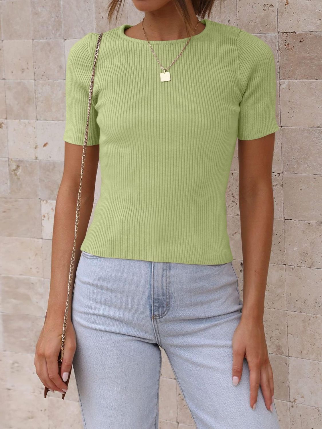 Mandy Ribbed Round Neck Short Sleeve Knit Top-Angel Casuals