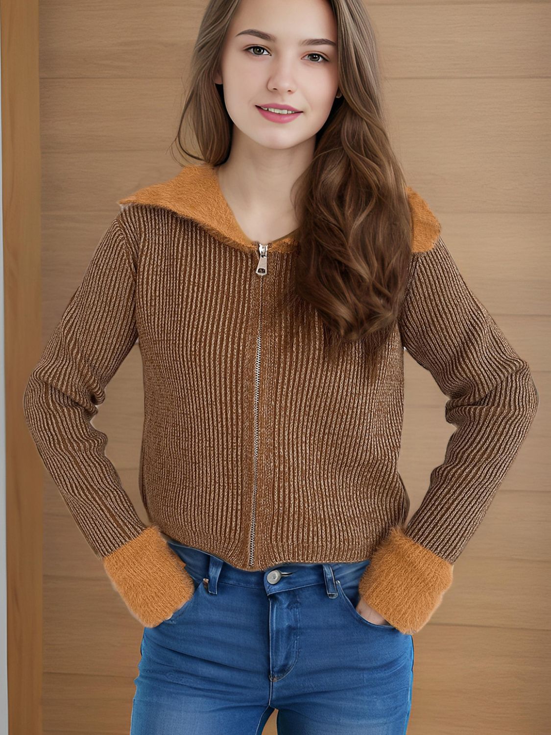 Zip Up Collared Neck Long Sleeve Cardigan-Angel Casuals