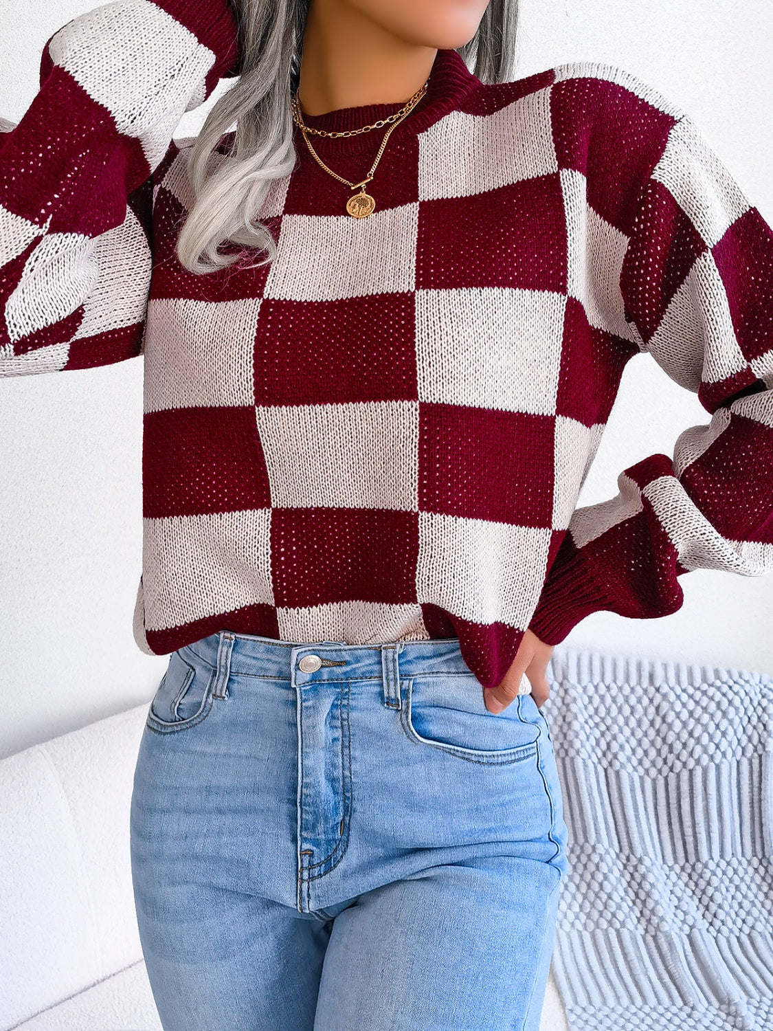 Checkered Mock Neck Long Sleeve Sweater-Angel Casuals