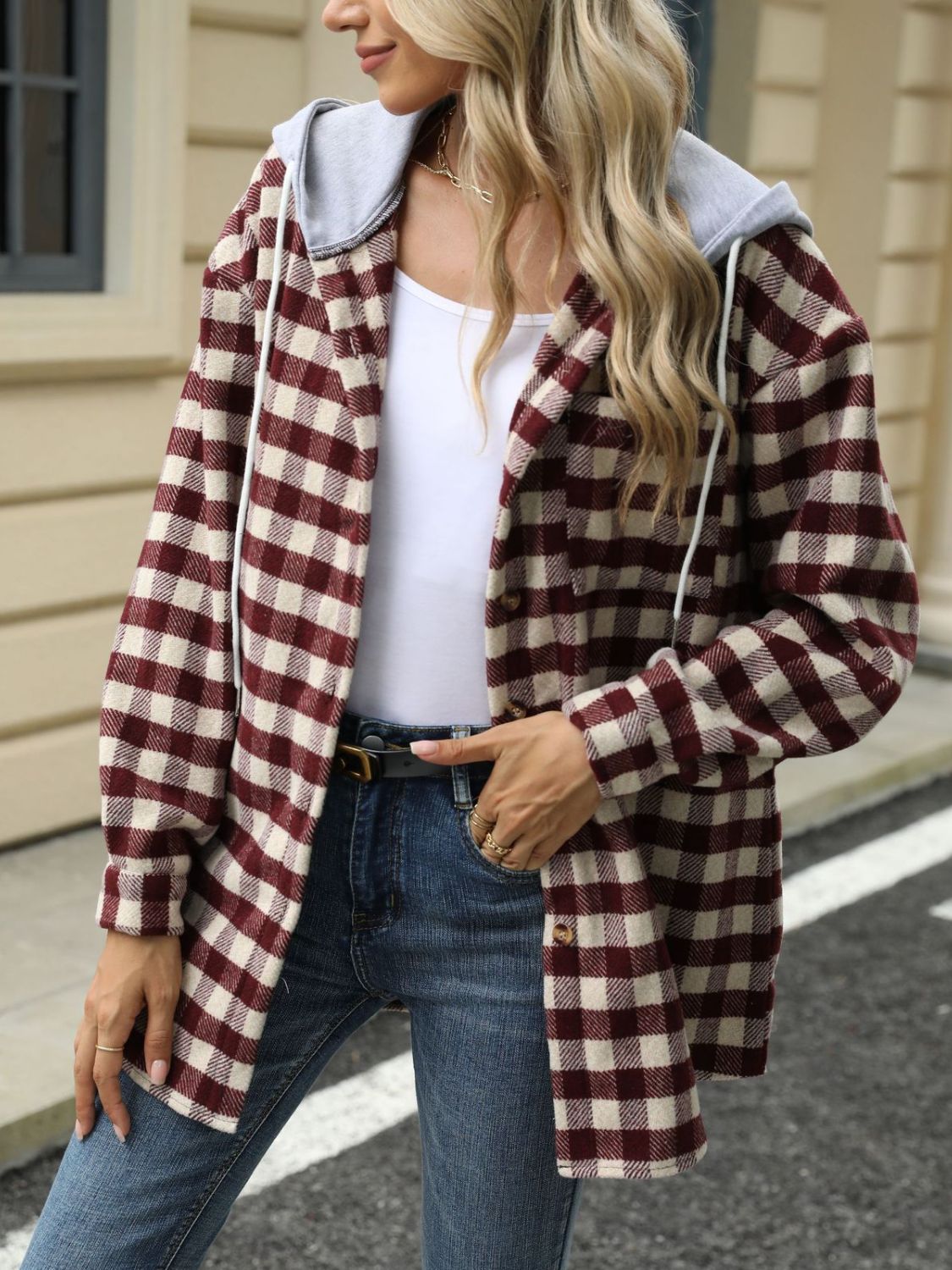 Drawstring Plaid Long Sleeve Hooded Jacket-Angel Casuals