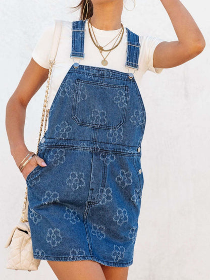 Flower Wide Strap Denim Overall Dress with Pockets-Angel Casuals