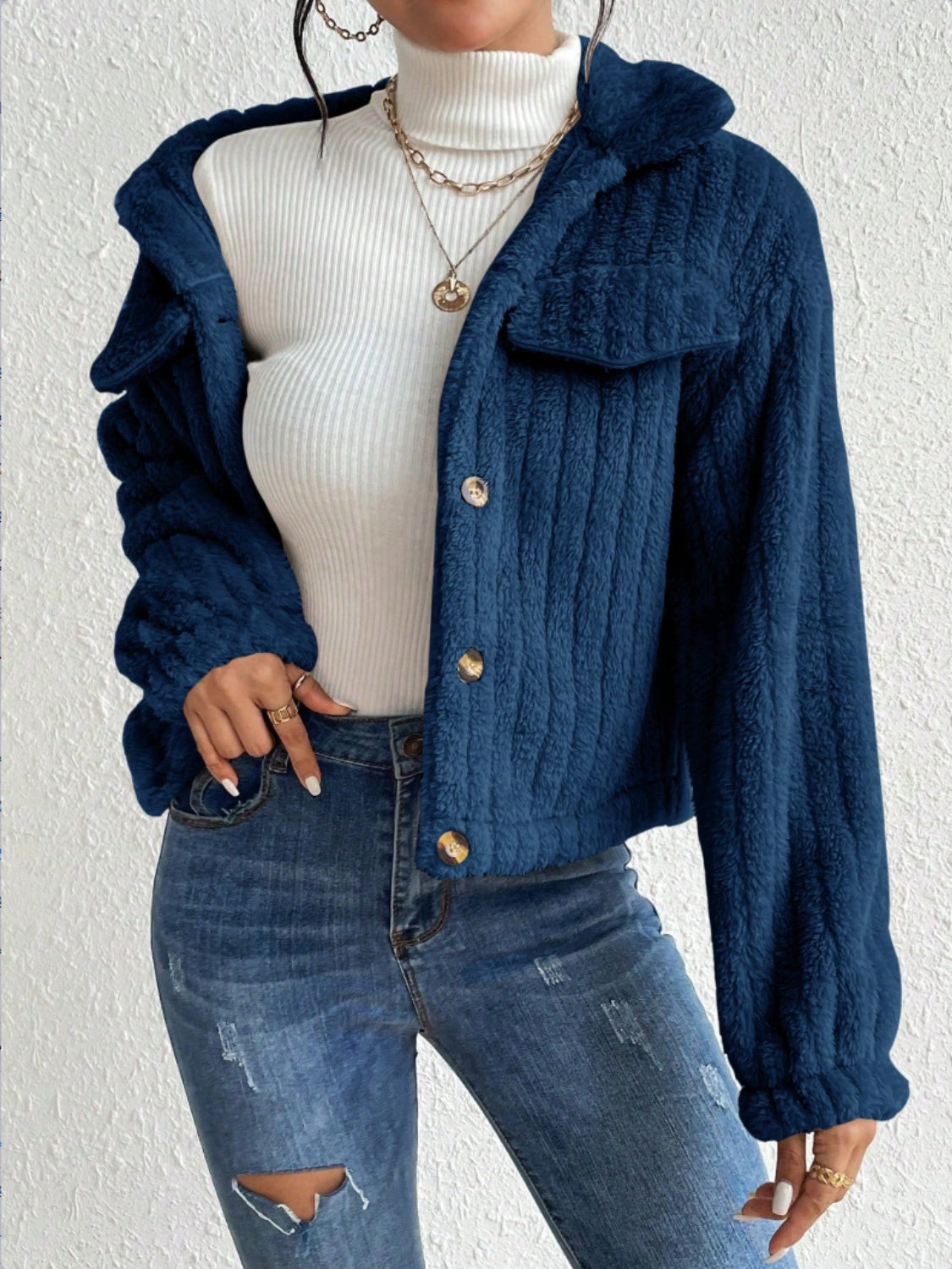 Fuzzy Button Up Collared Neck Jacket-Angel Casuals