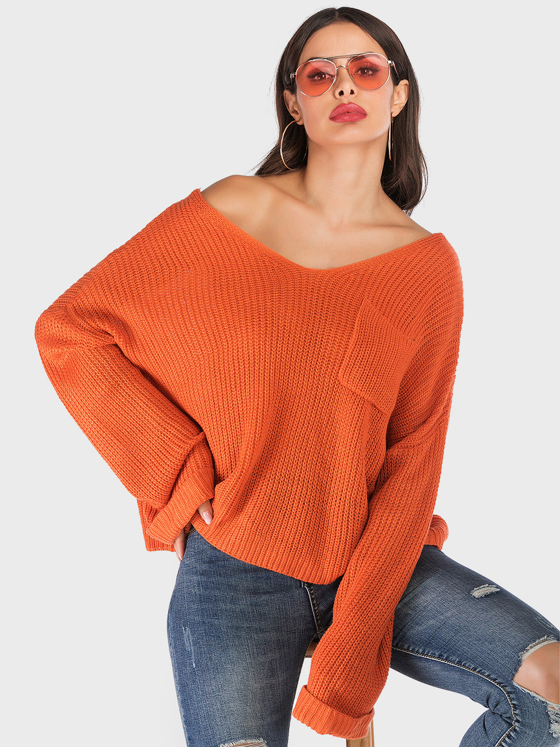 Perfee V-Neck Dropped Shoulder Long Sleeve Sweater-Angel Casuals