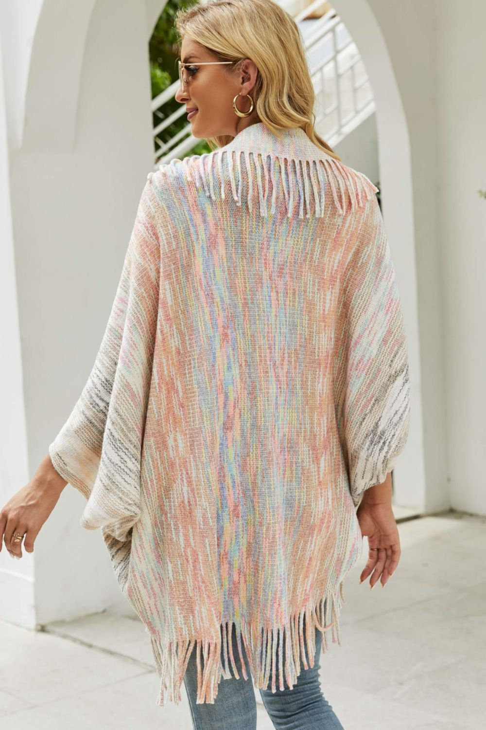 Multicolored Fringe Trim Poncho-Angel Casuals