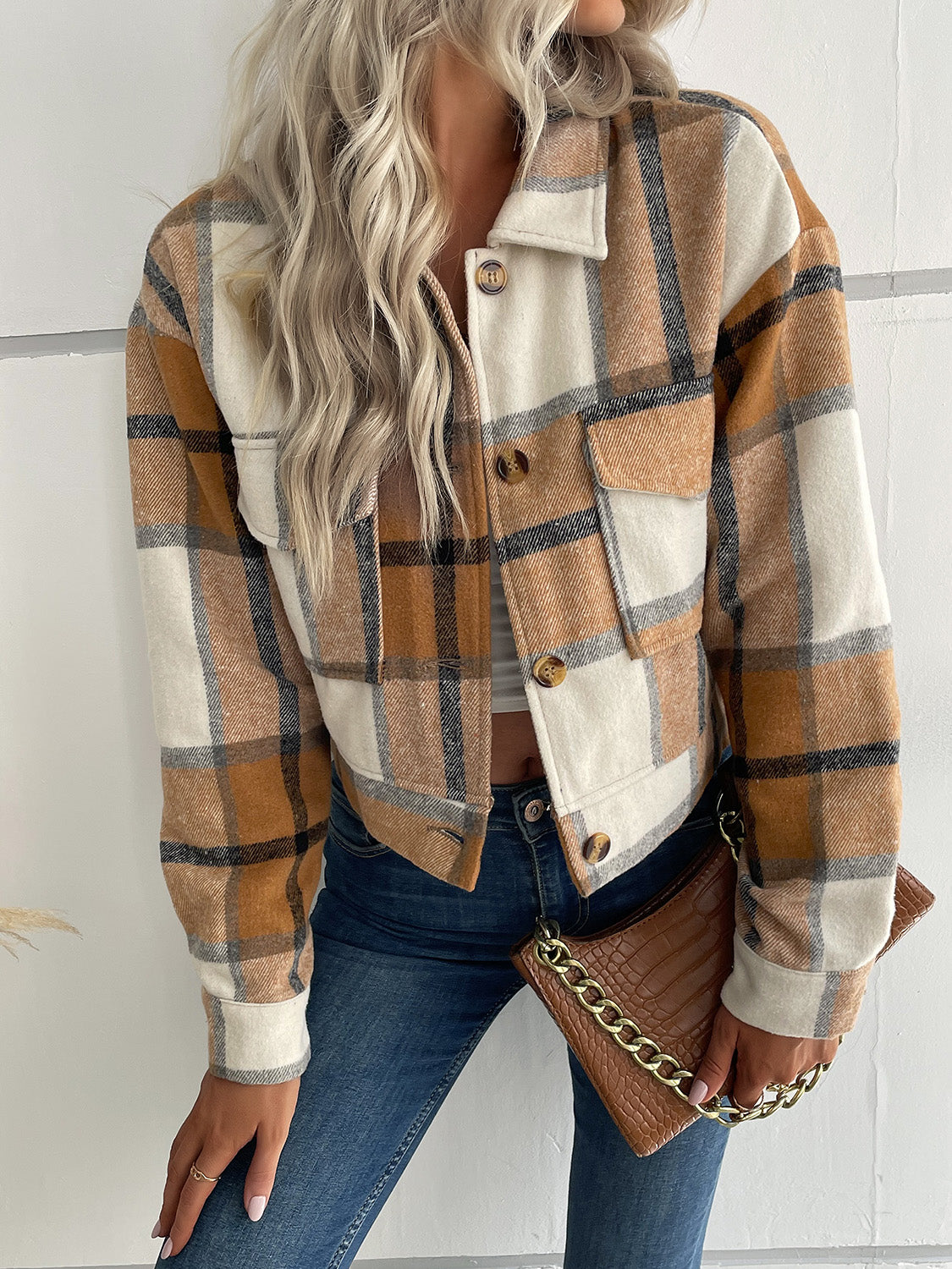 Perfee Plaid Button Up Drop Shoulder Cropped Jacket-Angel Casuals
