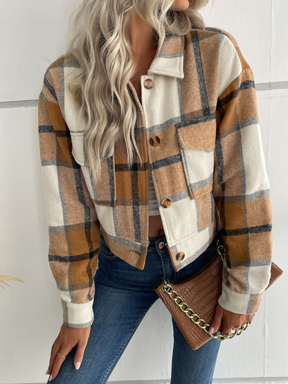 Perfee Plaid Button Up Drop Shoulder Cropped Jacket-Angel Casuals