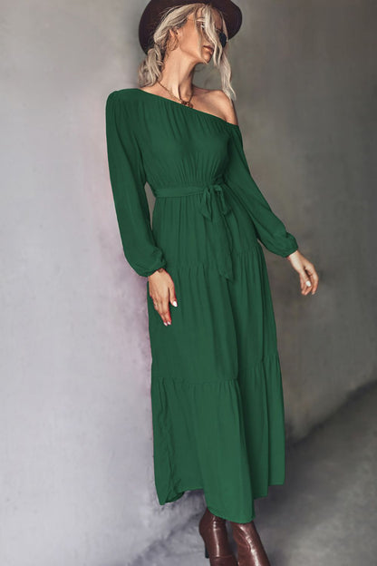 Belted One-Shoulder Tiered Maxi Dress-Angel Casuals