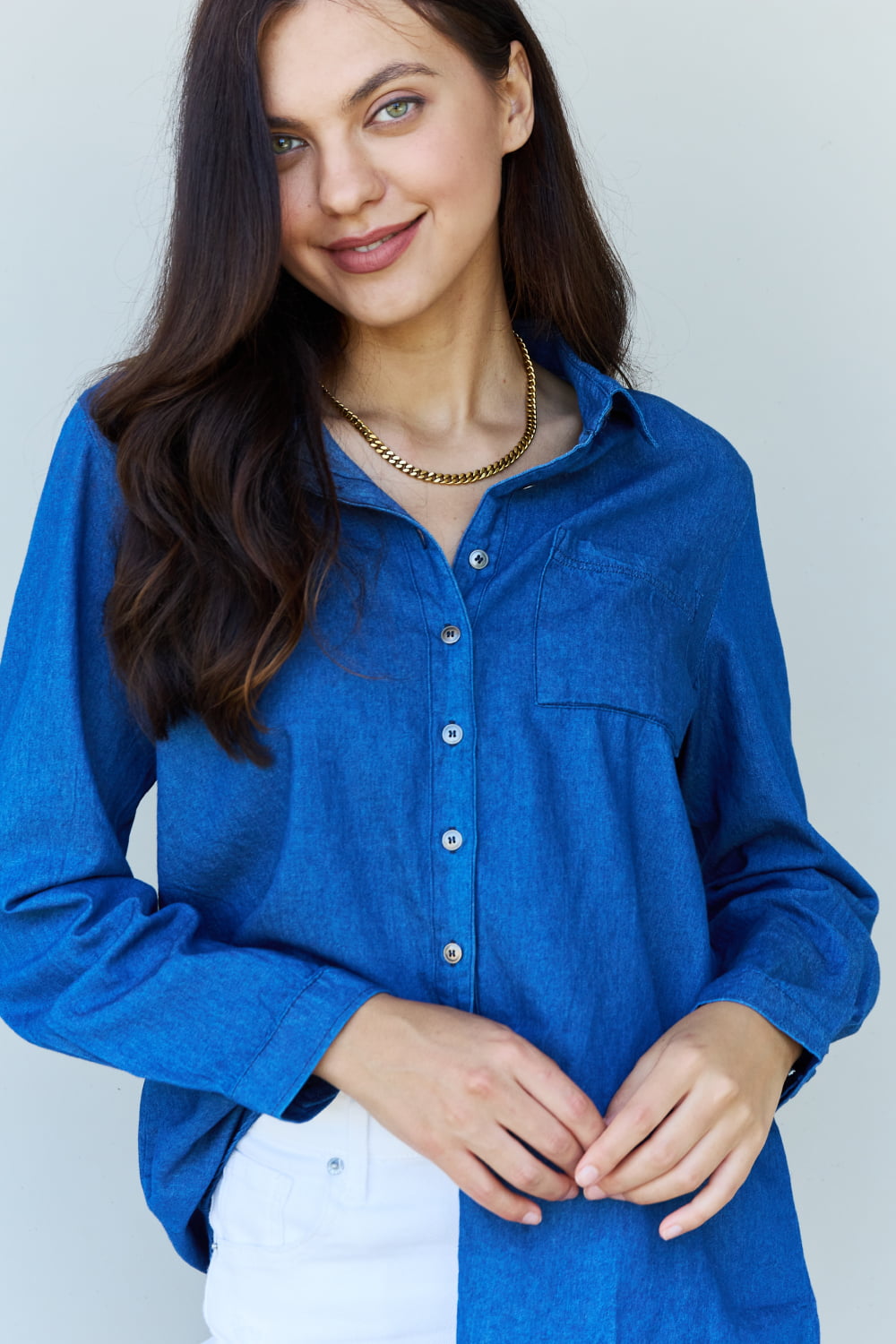 Doublju Blue Jean Baby Denim Button Down Shirt Top in Dark Blue-Angel Casuals