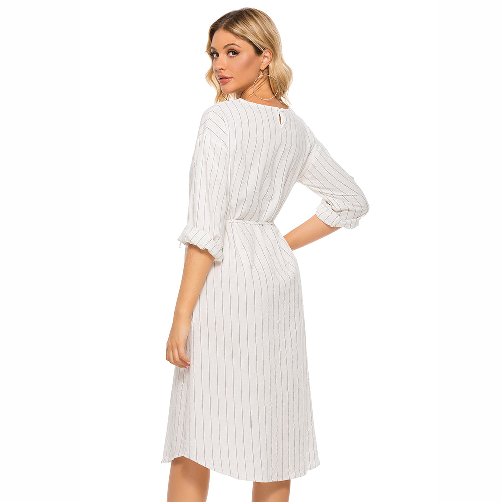 Pinstripe Tie Waist Round Neck Dress-Angel Casuals