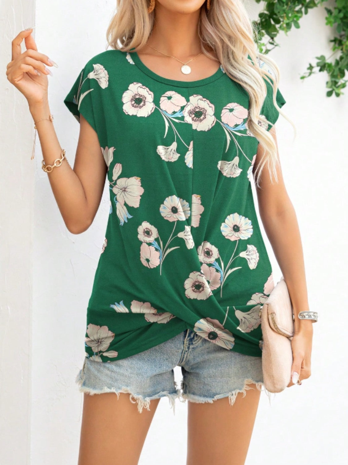 Printed Round Neck Short Sleeve T-Shirt-Angel Casuals