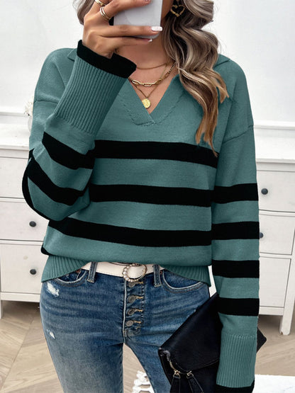 Devine Striped Collared Neck Long Sleeve Sweater-Angel Casuals