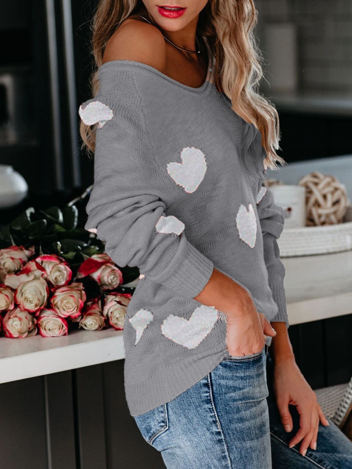 Heart Scoop Neck Long Sleeve Sweater-Angel Casuals