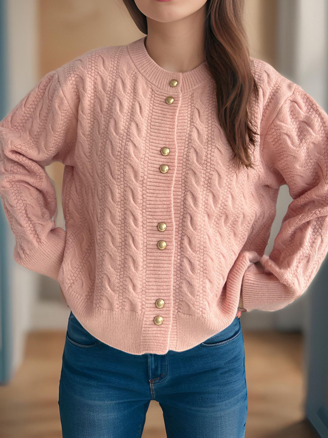 Cable-Knit Round Neck Long Sleeve Cardigan-Angel Casuals