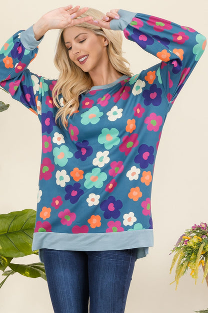 Celeste Full Size Side Slit Flower Print Long Sleeve Top-Angel Casuals