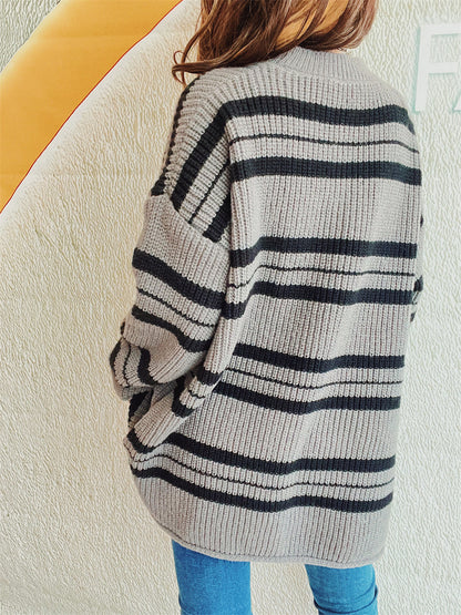 Striped Round Neck Long Sleeve Sweater-Angel Casuals