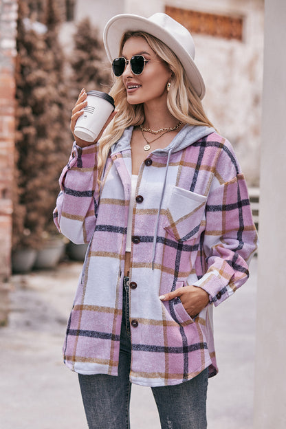 Mandy Plaid Dropped Shoulder Hooded Jacket-Angel Casuals