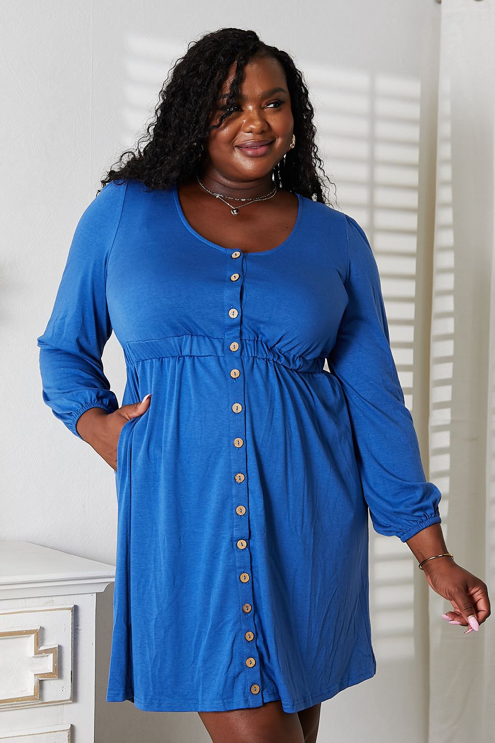 Double Take Scoop Neck Empire Waist Long Sleeve Magic Dress-Angel Casuals