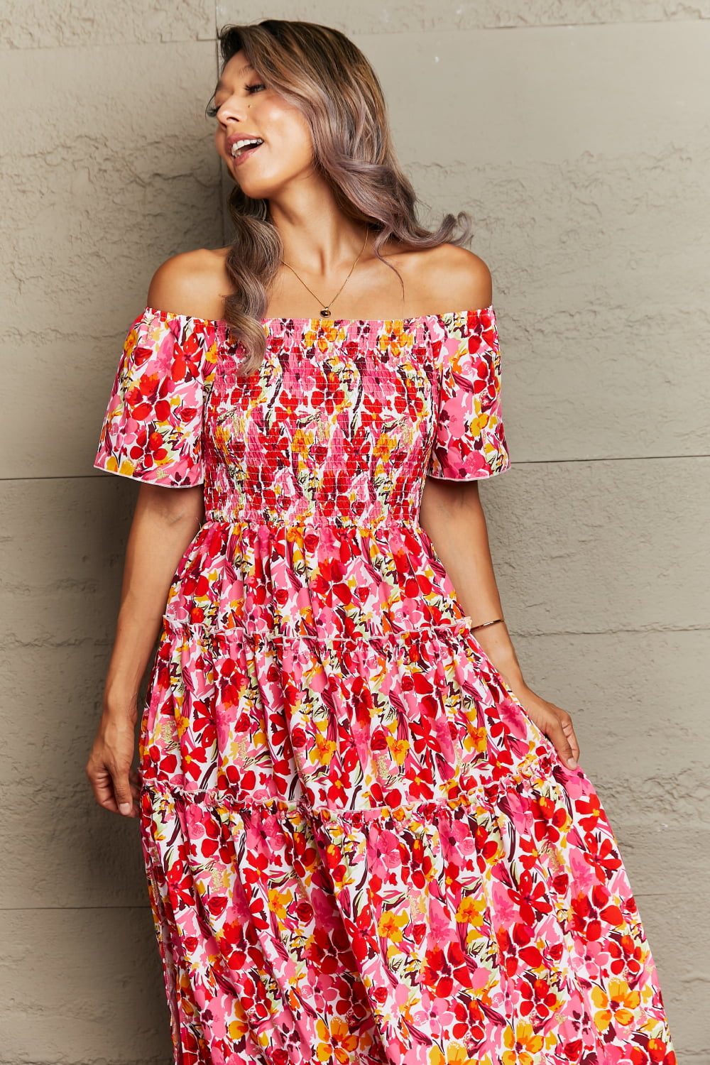 Floral Off-Shoulder Frill Trim Maxi Dress-Angel Casuals