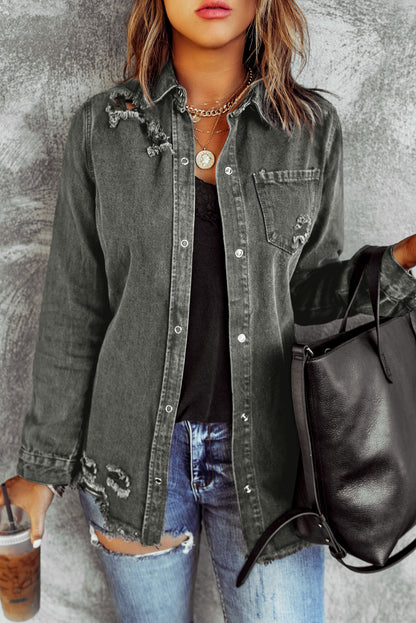 Distressed Raw Hem Snap Down Denim Jacket-Angel Casuals
