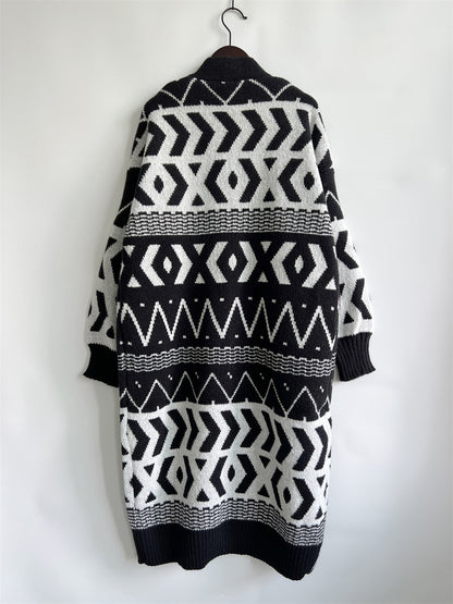 Geometric Button Front Longline Cardigan-Angel Casuals