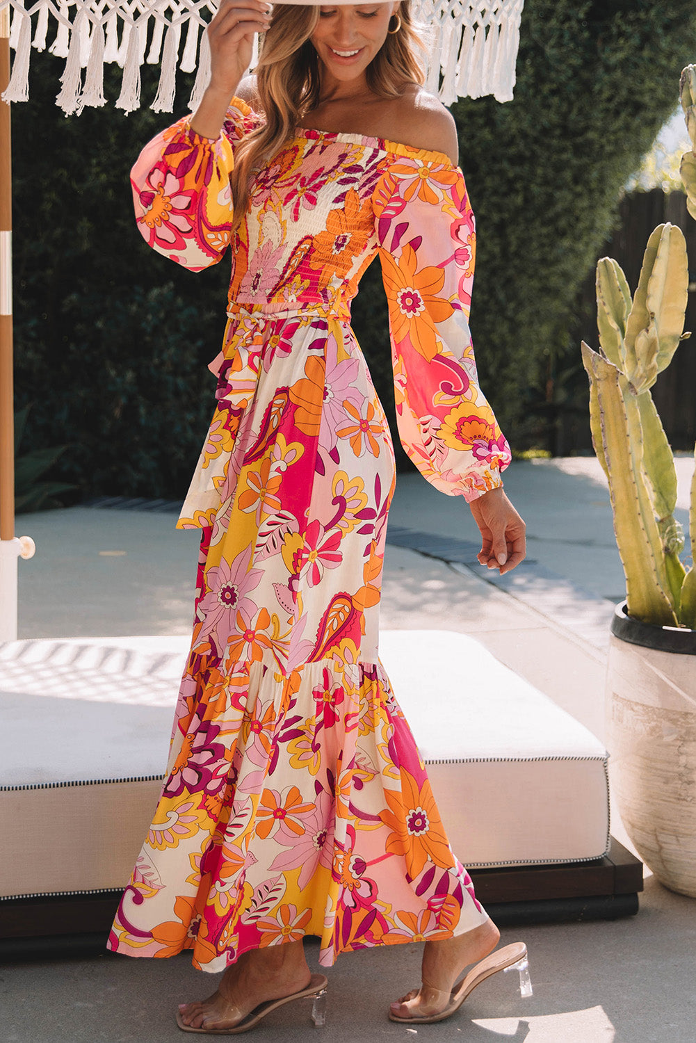 Printed Off-Shoulder Balloon Sleeve Maxi Dress-Angel Casuals