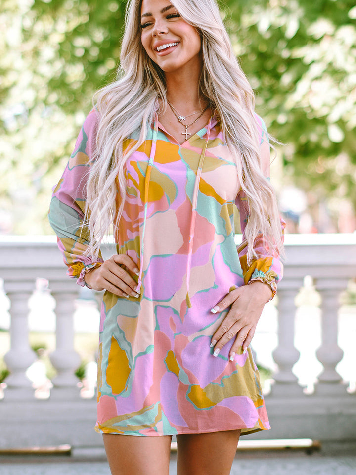 Printed Tie Neck Long Sleeve Dress-Angel Casuals