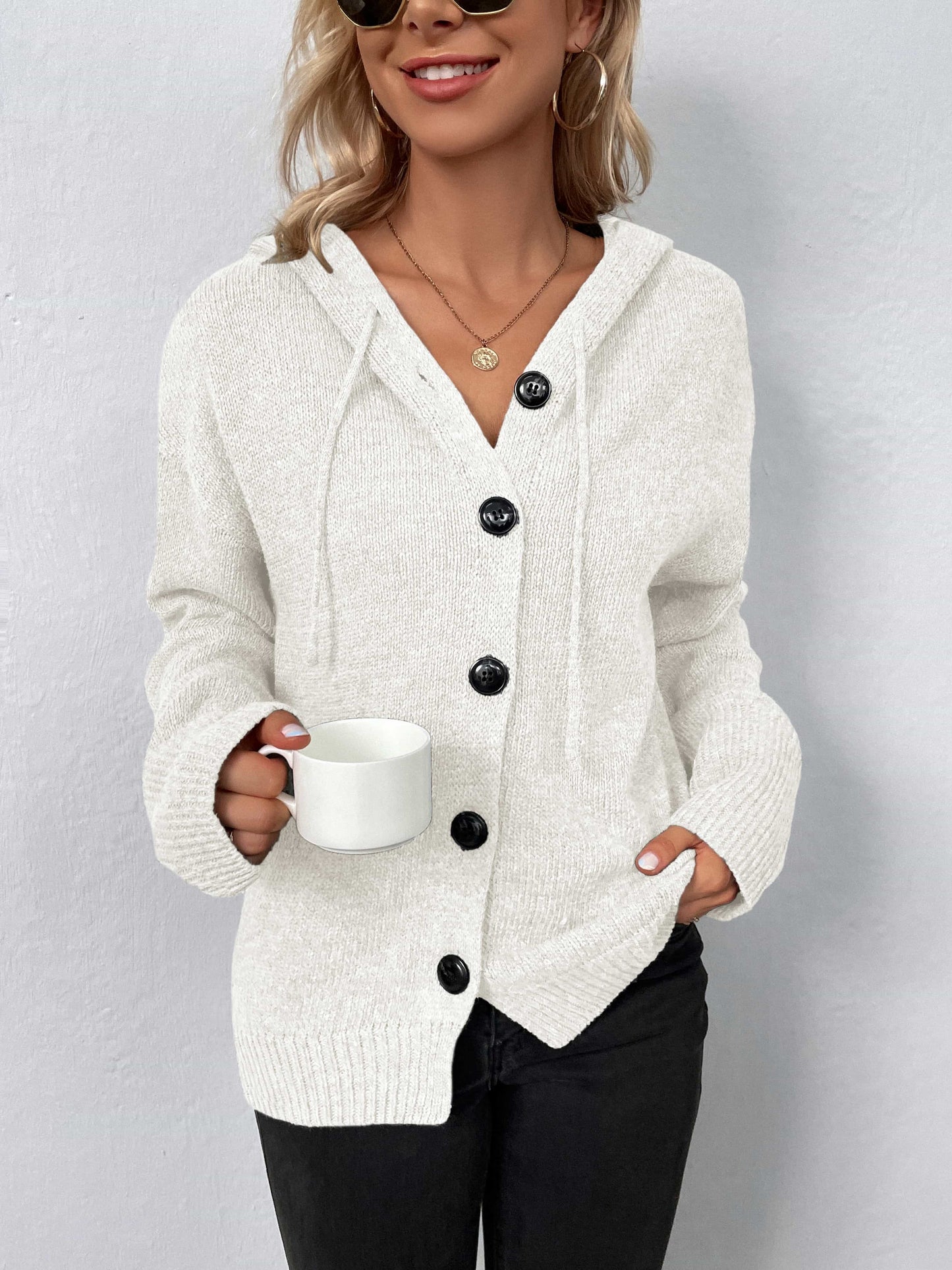 Button-Down Long Sleeve Hooded Sweater-Angel Casuals