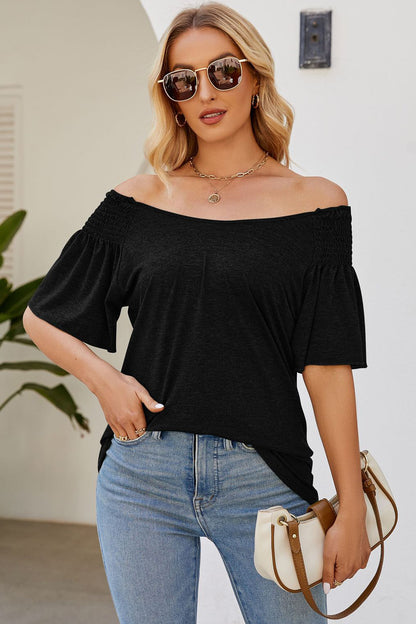 Smocked Round Neck Flutter Sleeve T-Shirt-Angel Casuals