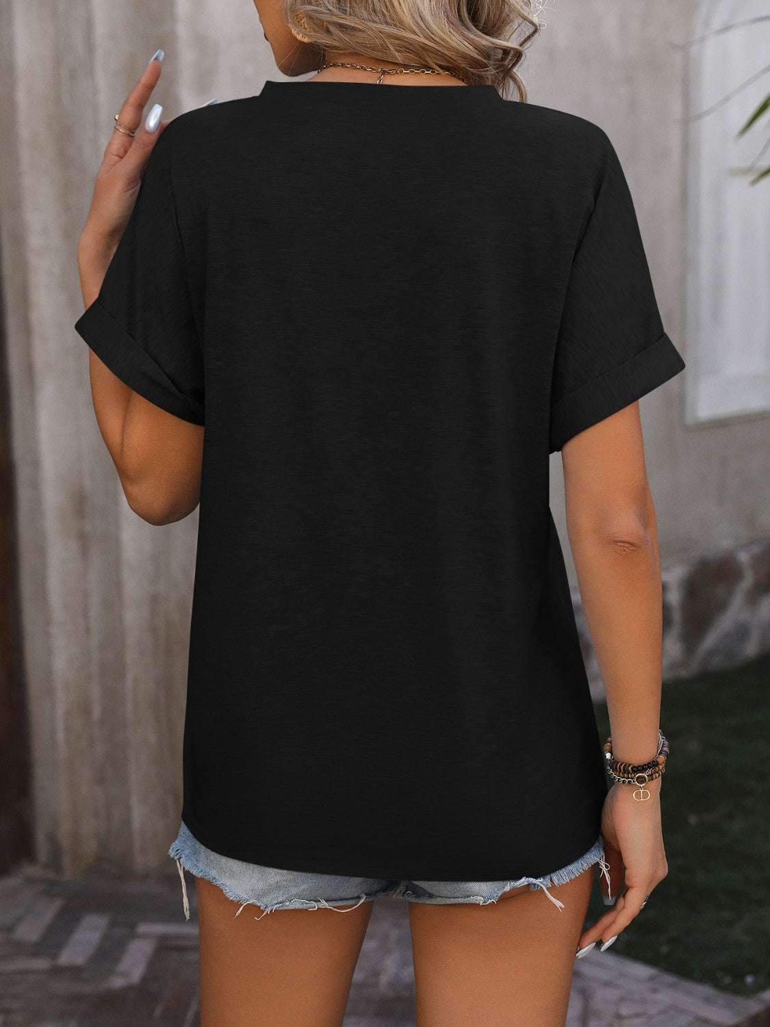 Notched Buttoned Short Sleeve T-Shirt-Angel Casuals