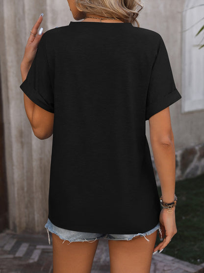 Notched Buttoned Short Sleeve T-Shirt-Angel Casuals