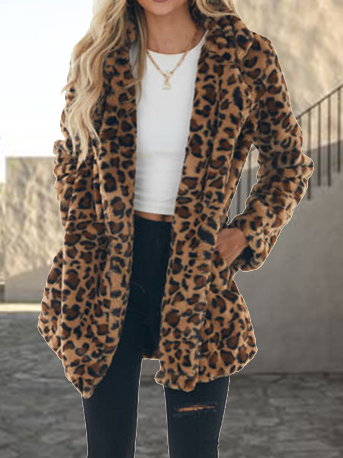 Leopard Collared Neck Coat with Pockets-Angel Casuals