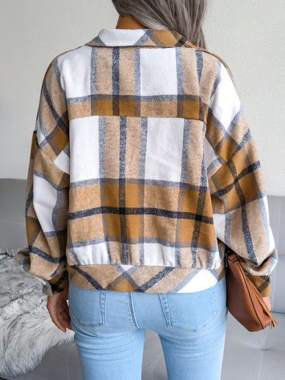 Plaid Collared Neck Long Sleeve Jacket-Angel Casuals