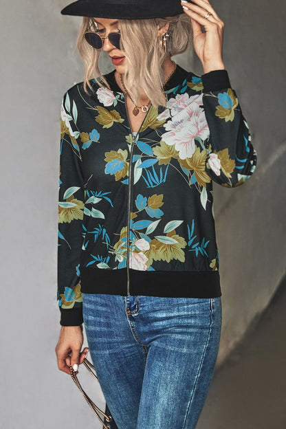 Floral Zip Up Ribbed Trim Bomber Jacket-Angel Casuals