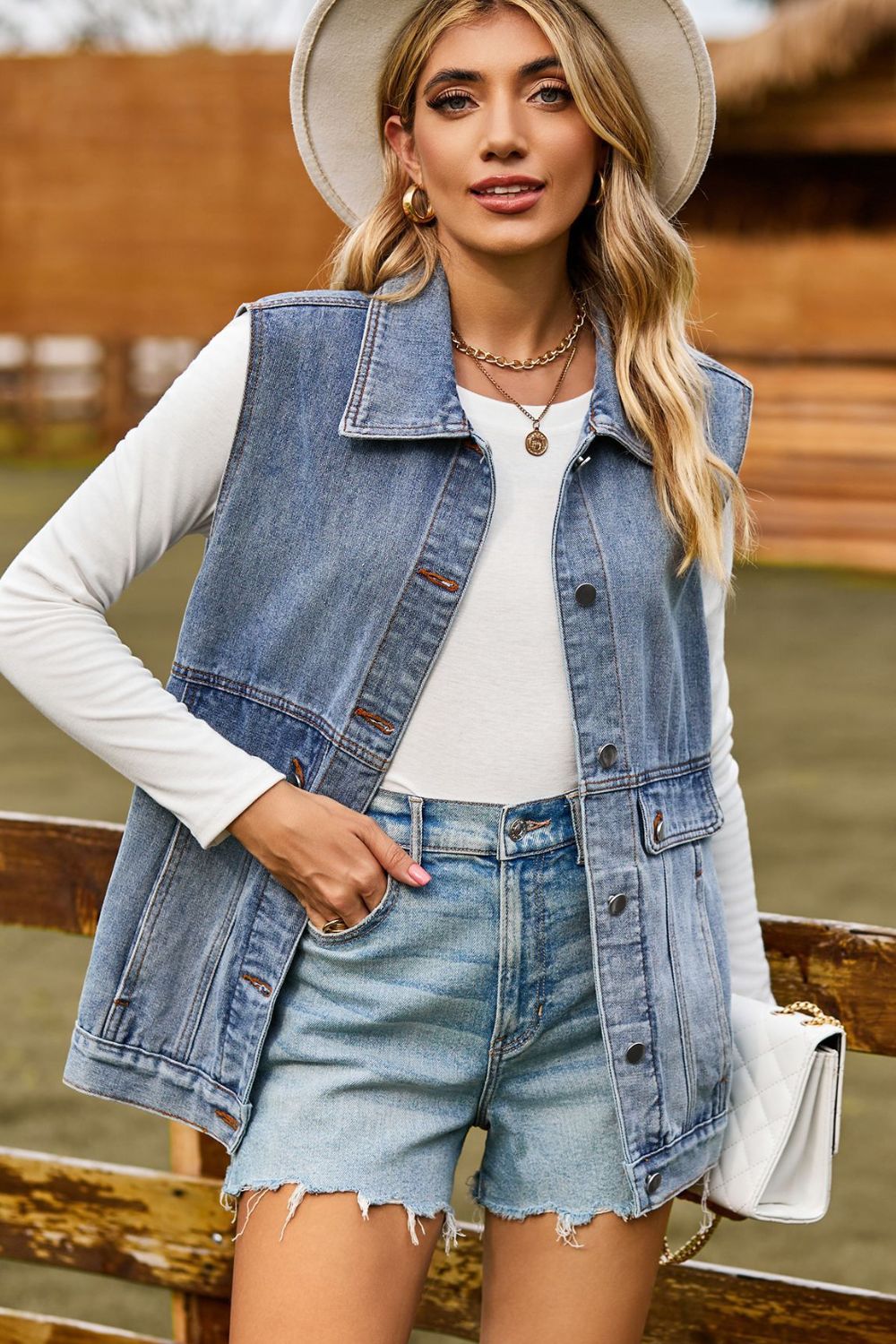 Sleeveless Collared Neck Denim Top with Pockets-Angel Casuals