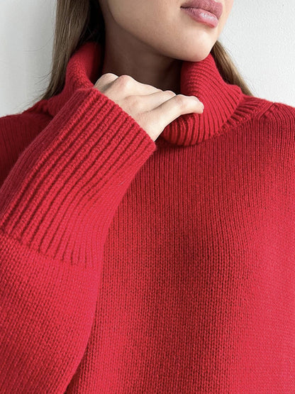 Ribbed Detail Turtleneck Dropped Shoulder Sweater-Angel Casuals