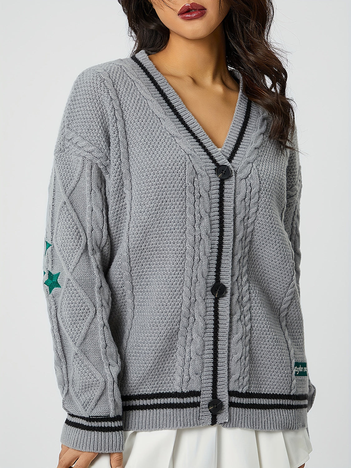 Star Embroidered V-Neck Long Sleeve Cardigan-Angel Casuals