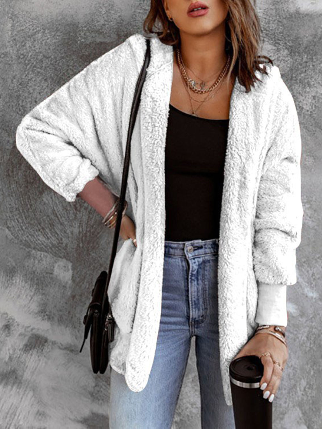 Open Front Hooded Faux Fur Outwear with Pockets-Angel Casuals