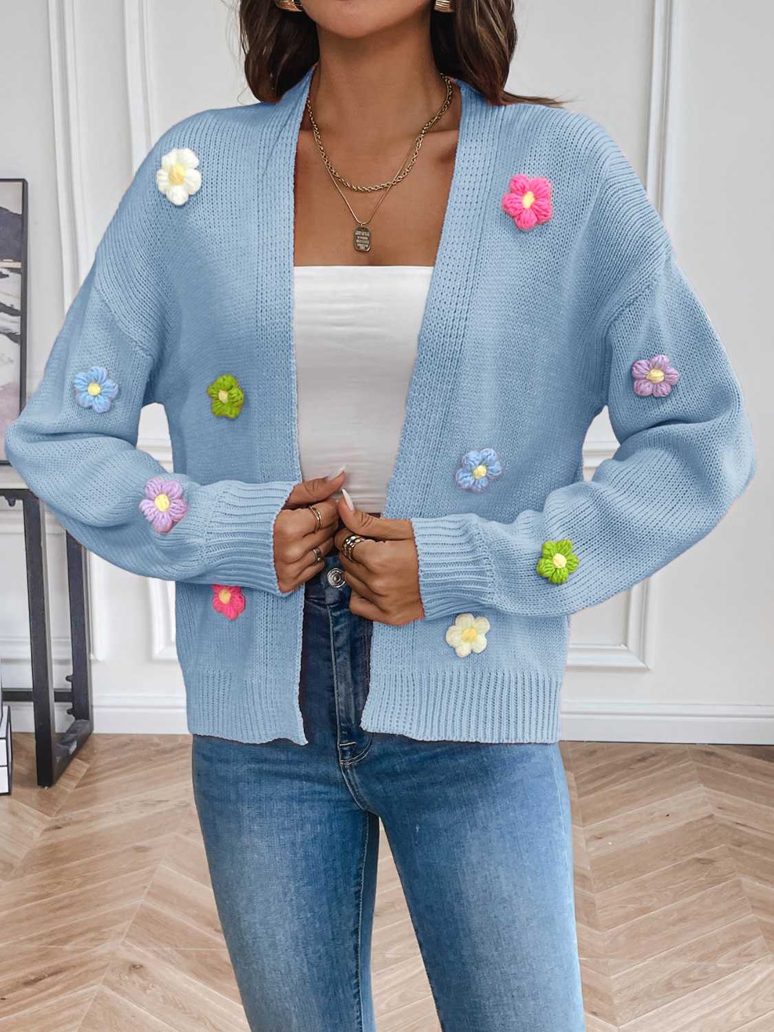 Floral Long Sleeve Open Front Cardigan-Angel Casuals