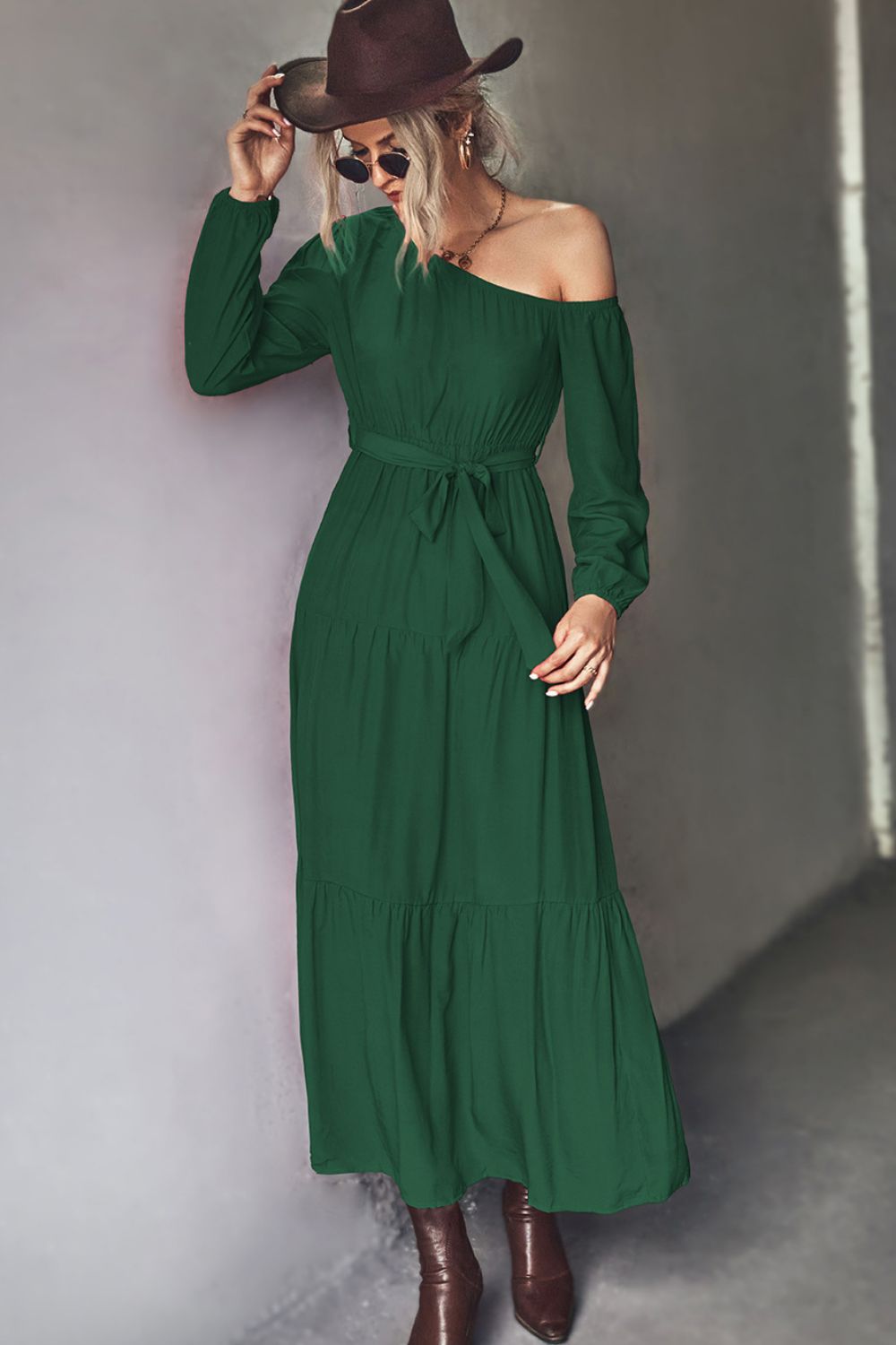 Belted One-Shoulder Tiered Maxi Dress-Angel Casuals