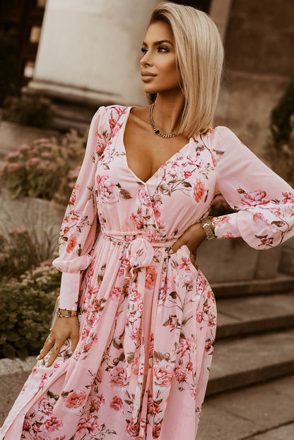 Floral Tie Belt Bishop Sleeve Slit Maxi Dress-Angel Casuals