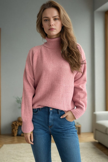 Ribbed Turtleneck Raglan Sleeve Sweater-Angel Casuals