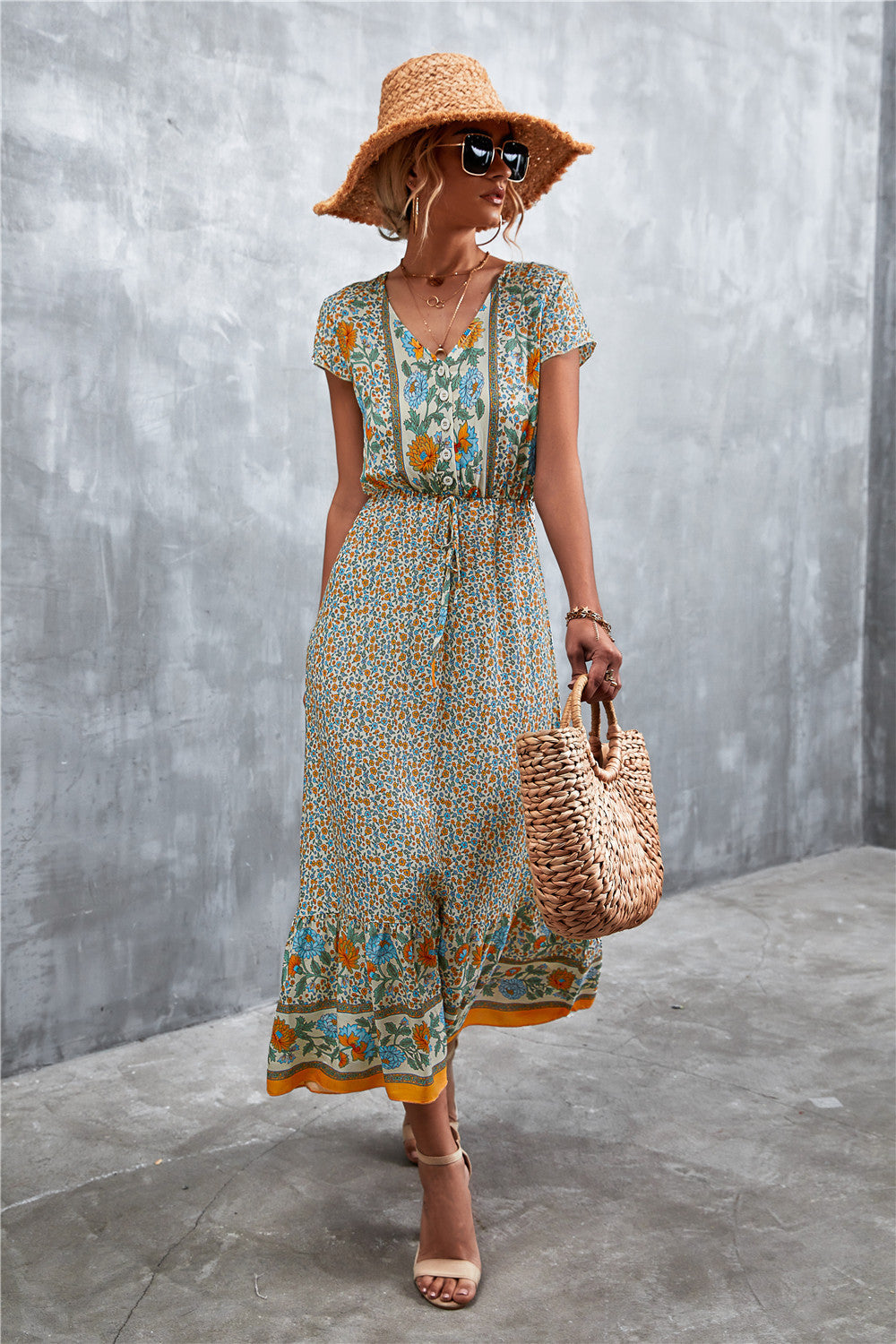 V-Neck Short Sleeve Printed Maxi Dress-Angel Casuals