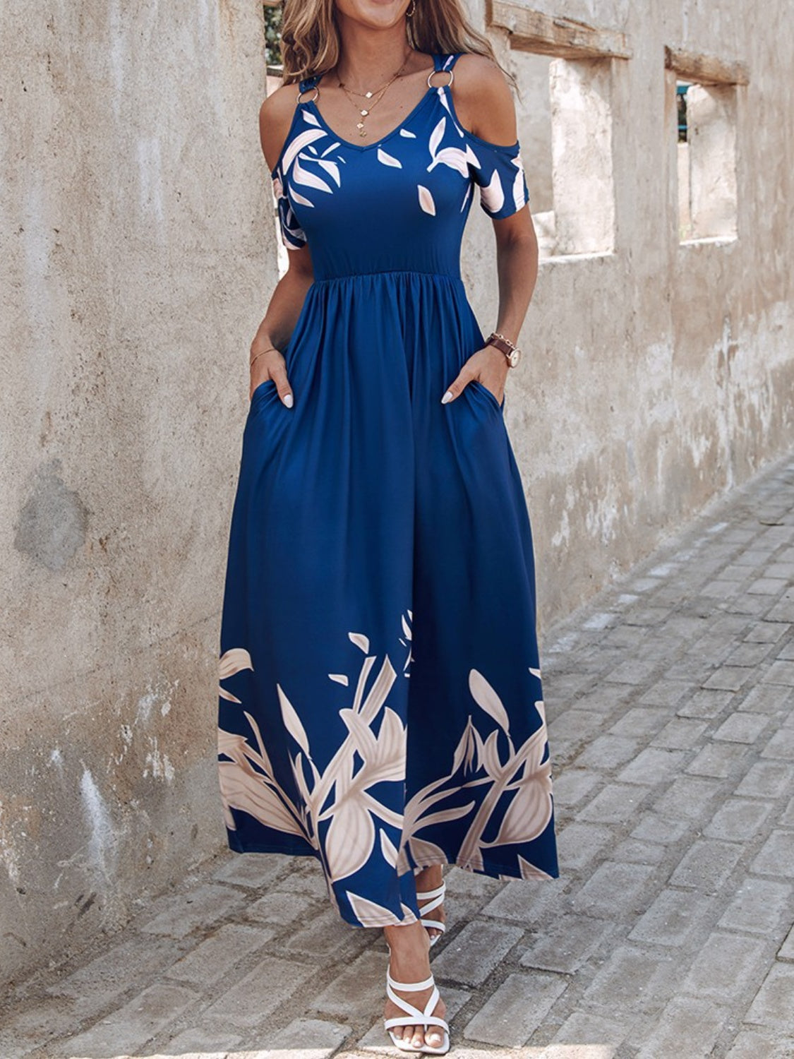 Printed Cold Shoulder Short Sleeve Maxi Dress-Angel Casuals