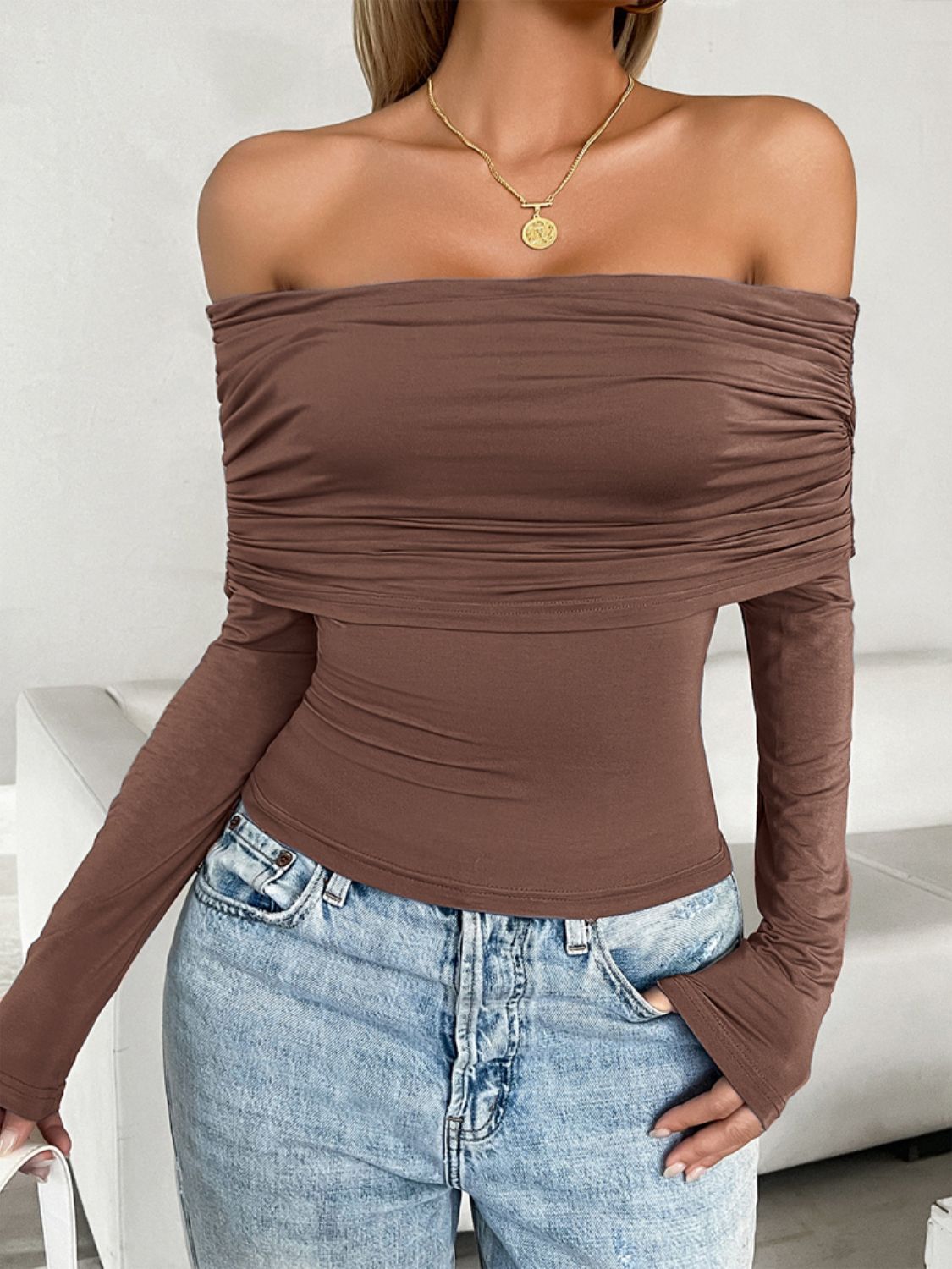 Ruched Off-Shoulder Long Sleeve T-Shirt-Angel Casuals