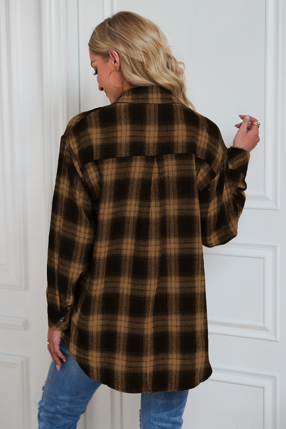 Plaid Button Up Dropped Shoulder Outerwear-Angel Casuals