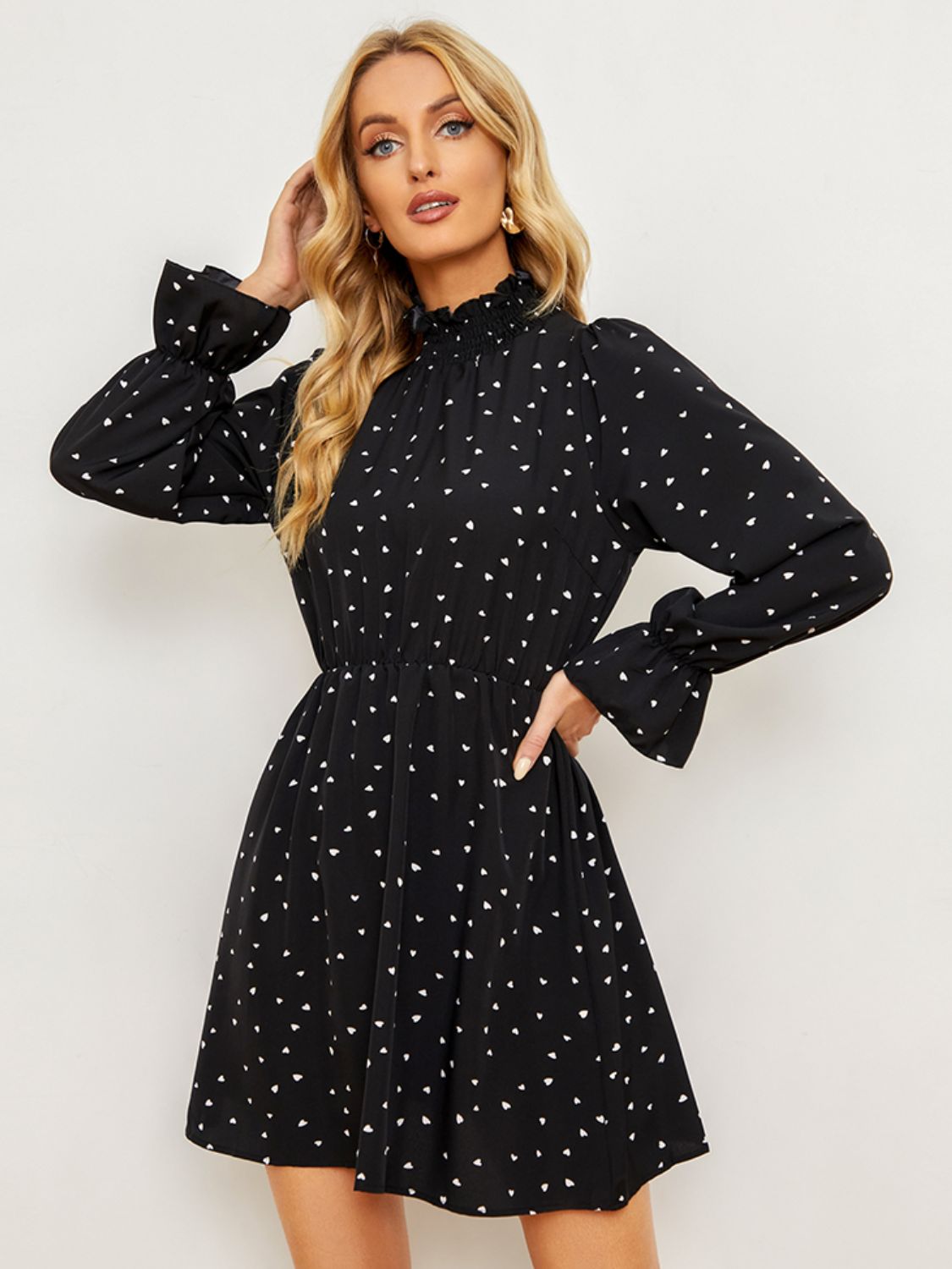 Printed Long Flounce Sleeve Frill Neck Dress-Angel Casuals