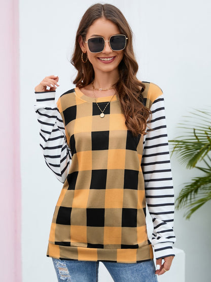 Plaid Striped Round Neck Long Sleeve T-Shirt-Angel Casuals