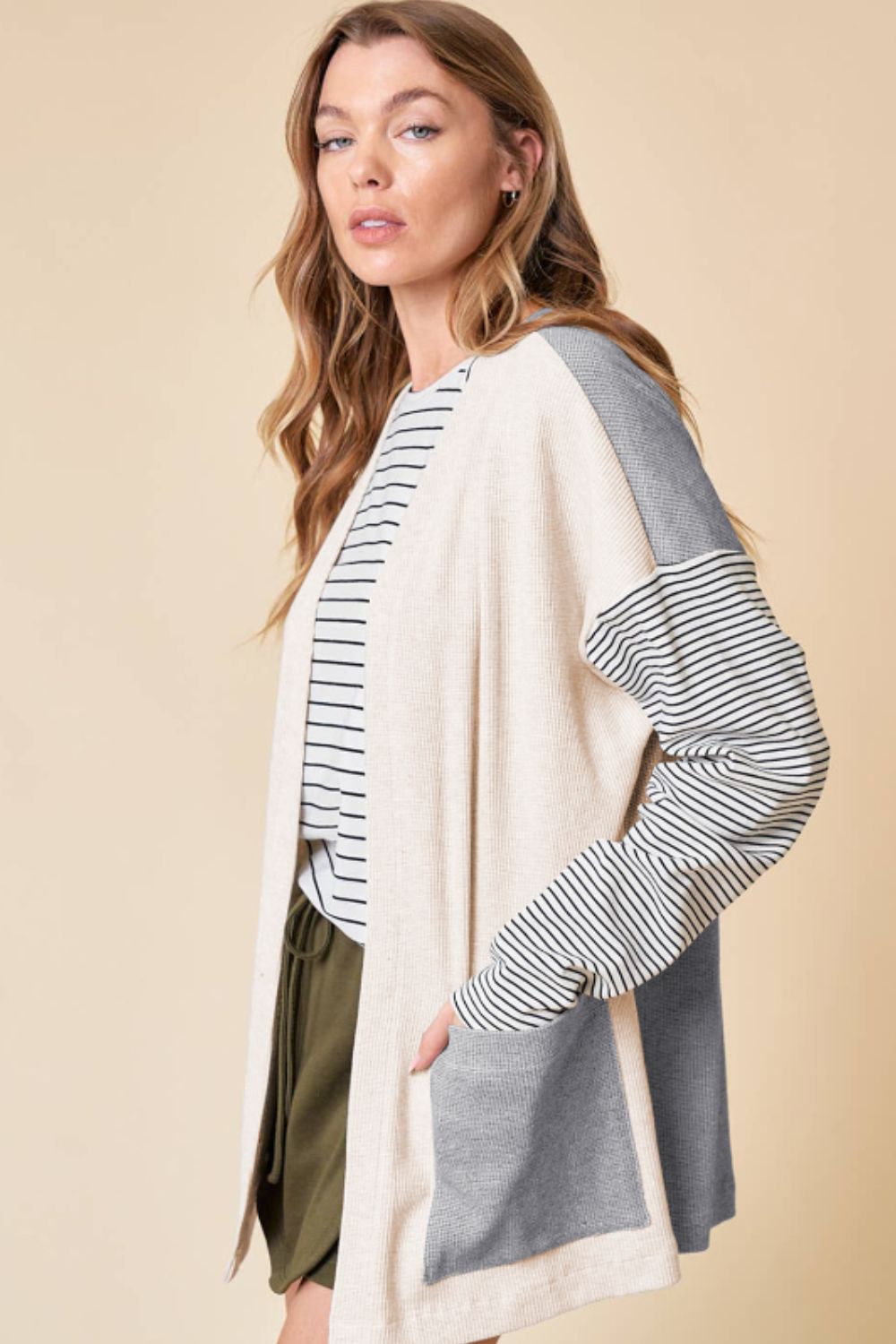 Open Front Long Sleeve Striped Cardigan with Pockets-Angel Casuals