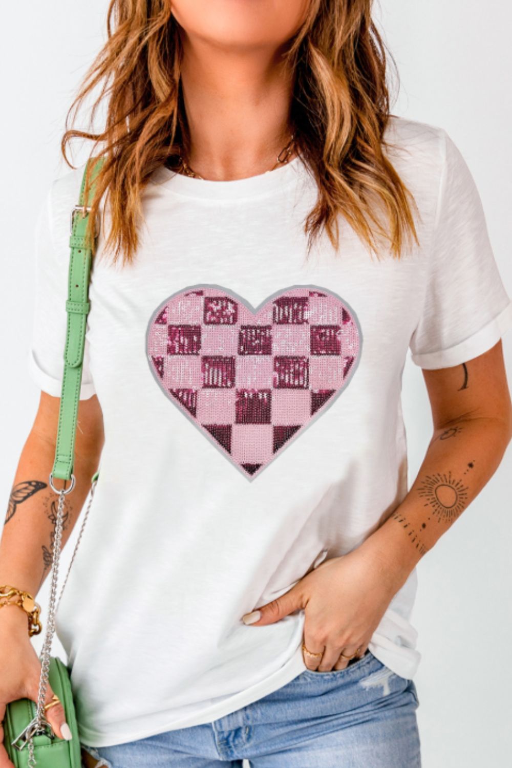 Sequin Checkered Heart Round Neck Short Sleeve T-Shirt-Angel Casuals