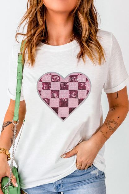 Sequin Checkered Heart Round Neck Short Sleeve T-Shirt-Angel Casuals